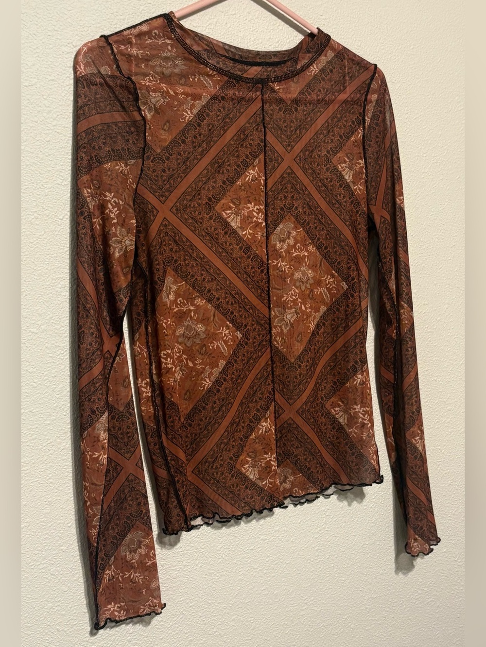 Willow Rust-Brown Printed Long Sleeve Sheer Top